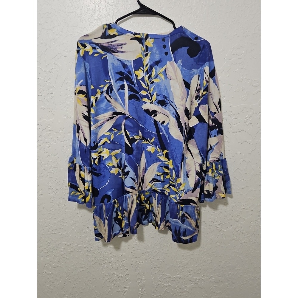 Chicos Sz 1 Floral Ruffle Cardigan Tropical Resort Wear Boho Bell Sleeve - Picture 4 of 9